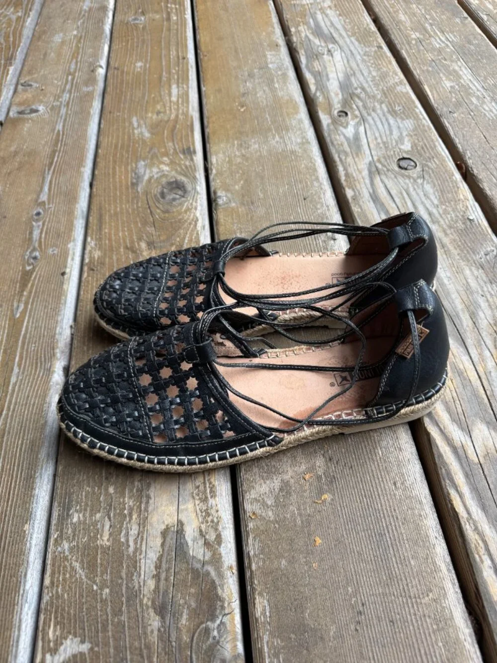 Pikolinos Cadamunt Black Woven Leather Espadrille Wrapped Flat Sandals - EU42/11